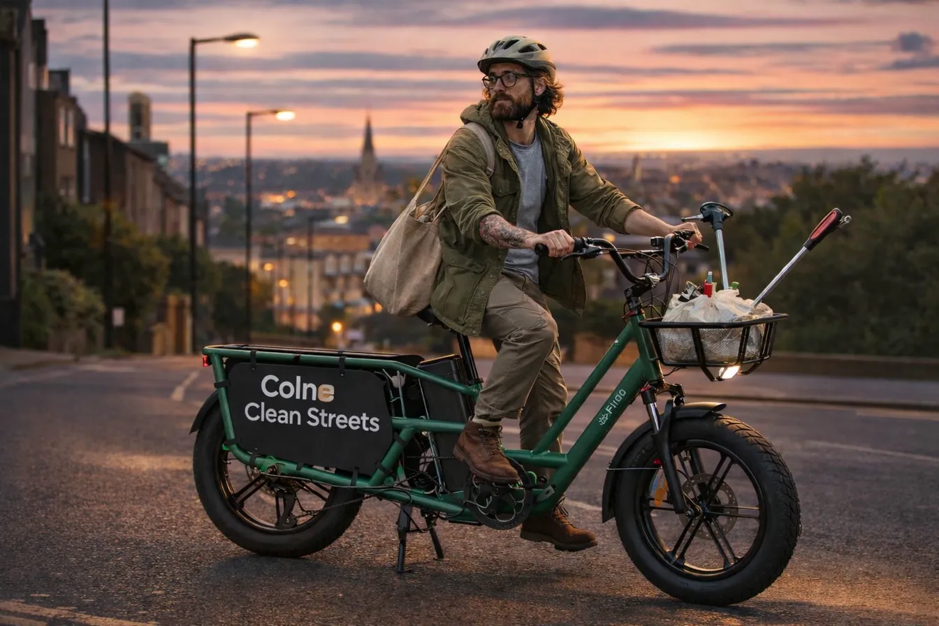 Colne Clean Streets e-cargo bike rider at dusk